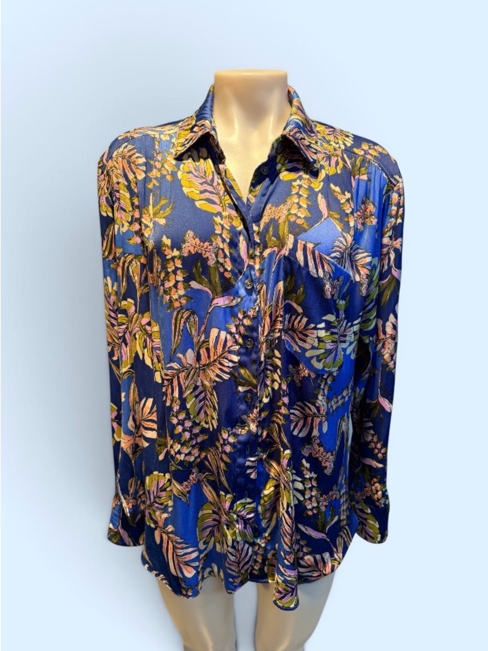 Free People Navy Blue Botanical Satin Button-Down Blouse